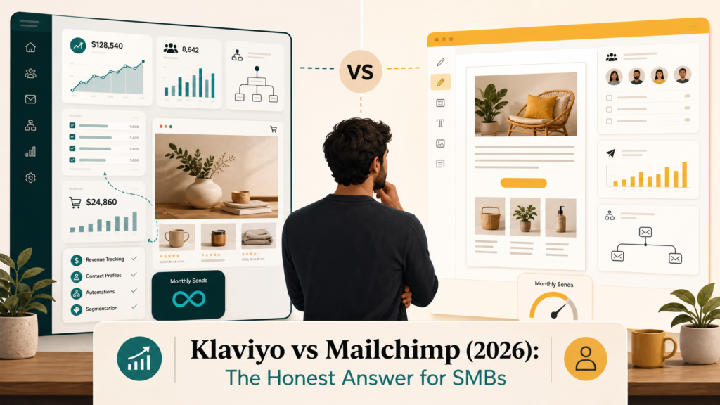 Klaviyo vs Mailchimp comparison: a small business owner weighing two email marketing dashboards side by side