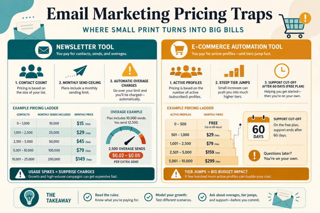 Infographic of email marketing pricing traps: contact counting, send ceilings, automatic overage billing, and Klaviyo's 60-day free support window