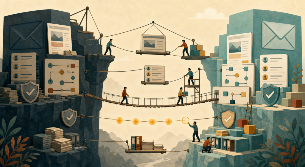 Illustration of email platform switching costs: migrating lists and automations across a bridge between two platforms