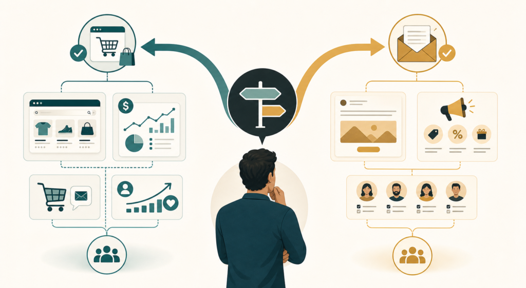 Decision fork: choosing Klaviyo for ecommerce email revenue or Mailchimp for a simple newsletter channel