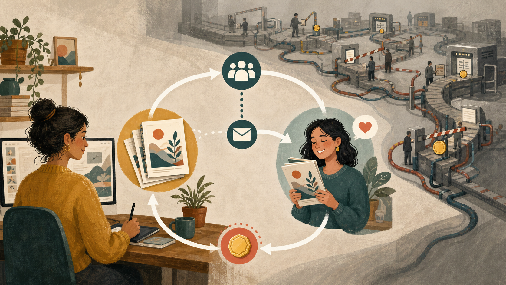 A creator delivers a digital guide directly to a buyer through one connected email and payment loop while a fragmented route adds complexity.