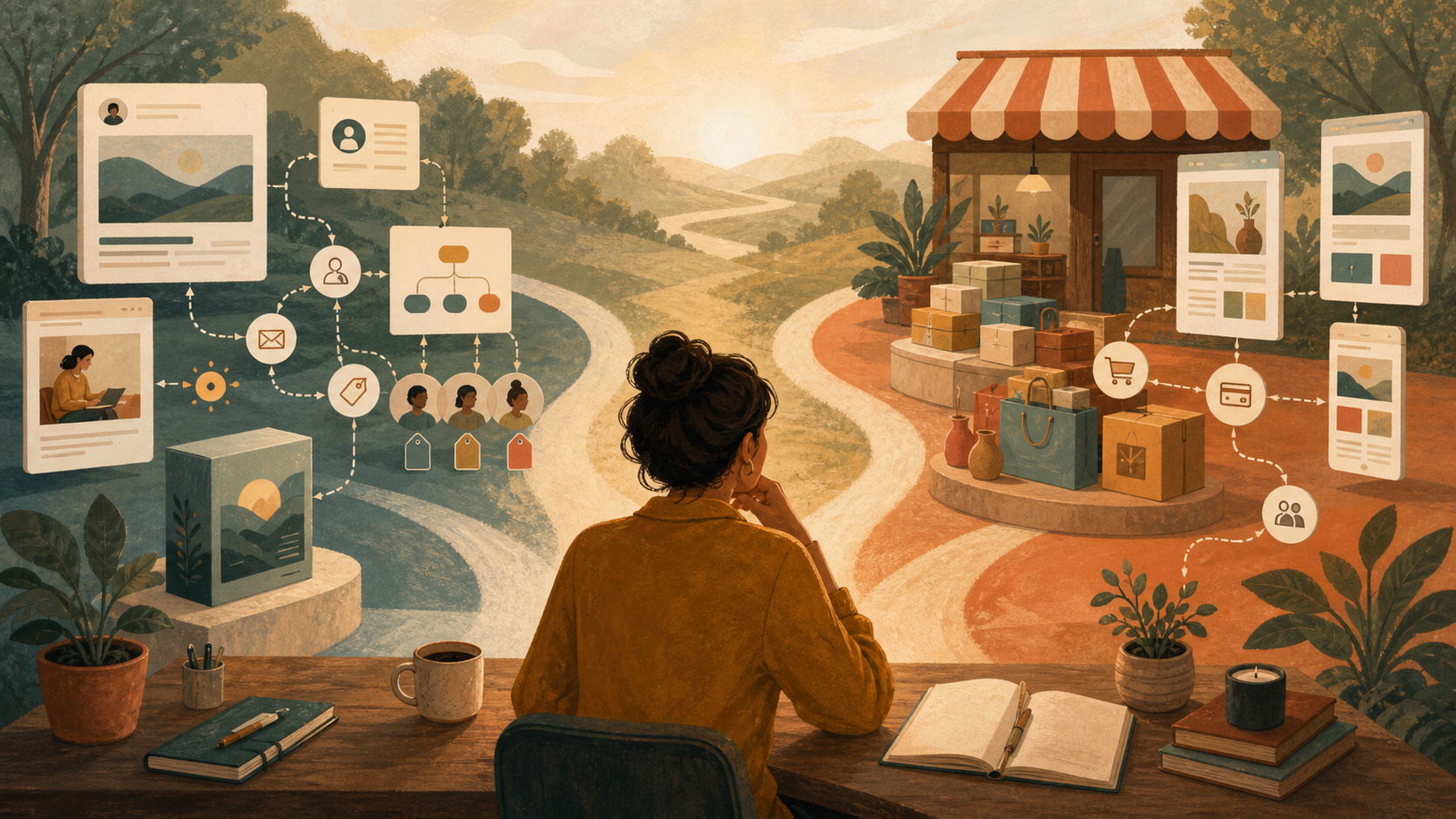 An independent creator weighs two paths in the convertkit vs mailchimp for creators decision: an integrated audience business and a connected online shop.